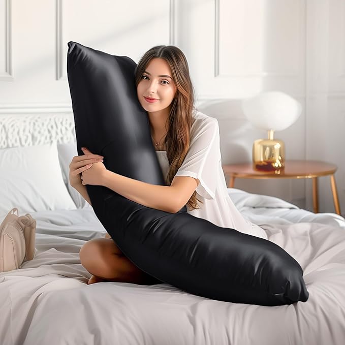 BEDELITE Satin Body Pillow Cover 2 Pack, Super Soft and Cooling Body Pillow Pillowcase for Hair and Skin, Breathable Silky Full Long Pillowcase Cover(20"x54", Black)