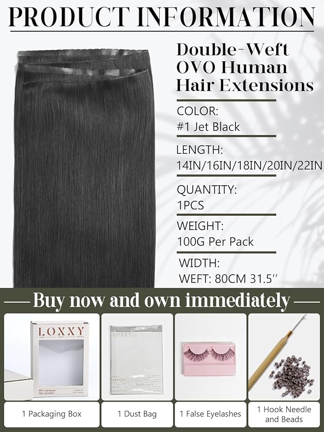 LOXXY Double Weft PU OVO Human Hair Extensions - Invisible Genius and PU Butterfly Weft Hair Extensions Real Human Hair - 18 Inch 100g Jet Black, Width 31.5"(80cm)