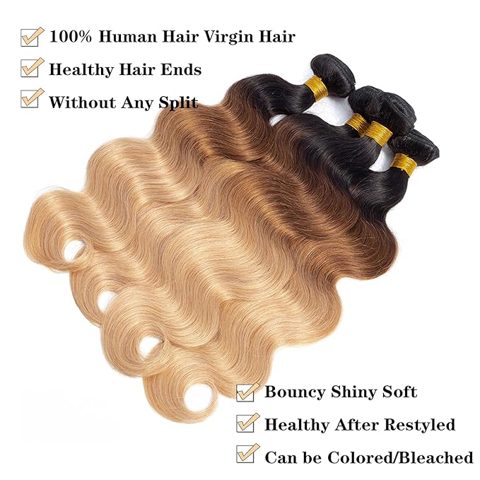 12A Ombre Body Wave Bundles Human Hair (T1B/30/27,18" 20" 22" 24") 100% Real Human Hair 3X Longer Lifespan 100% Unprocessed Ombre Brown Body Wave Human Hair Weave Bundles