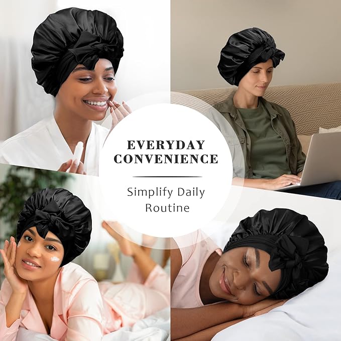 Satin Hair Bonnet Wide Band - Silk Like Sleeping Bonnets for Curly Hair Hair Wrap for Night Cap with Tie Band Breathable Satin Bonnet for Women and Girls (Black)