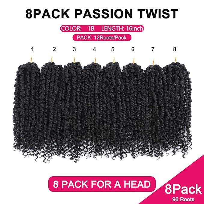 NAYOO Passion Twist Hair - 8 Packs 16 Inch Water Wave Crochet Hair,Passion Twist Crochet Hair For Women Long Passion Twists Synthetic Braiding Hair Extensions(16 Inch 8 Packs,1B)