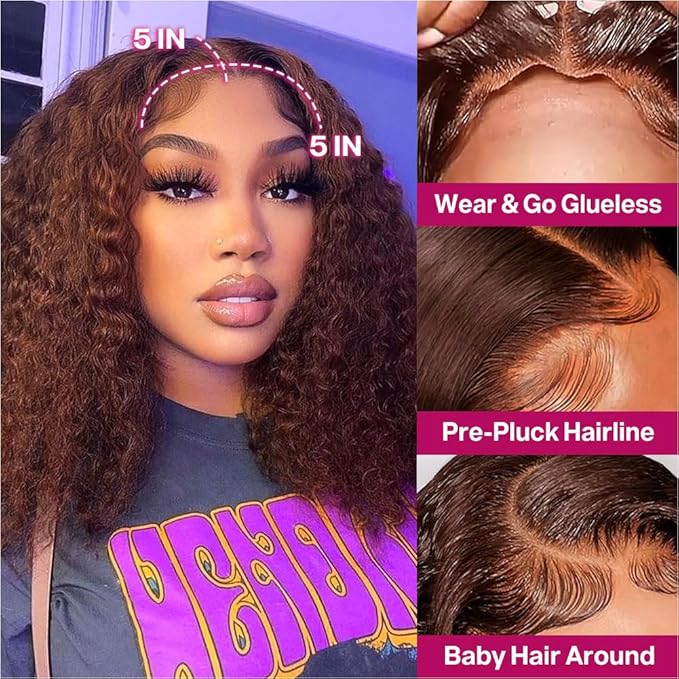 Curly Bob Wig Human Hair Deep Wave Glueless Wigs Human Hair Pre Plucked Pre Cut 5x5 Wear And Go HD Lace Closure Wigs Human Hair For Black Women 200% Density Chocolate Brown Color 12 Inch
