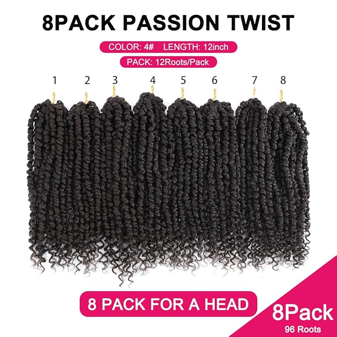 Passion Twist Hair - 8 Packs 12 Inch Passion Twist Crochet Hair For Black Women, Crochet Pretwisted Curly Hair Passion Twists Synthetic Braiding Hair Extensions (12 Inch 8 Packs, #4)