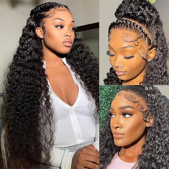 Water Wave 13x6 HD Transparent Lace Front Wigs Human Hair Pre Plucked Deep Wave Glueless Wigs Human Hair 180% Denisty Lace Frontal Wigs Human Hair for Women Natural Black Color 22 Inch