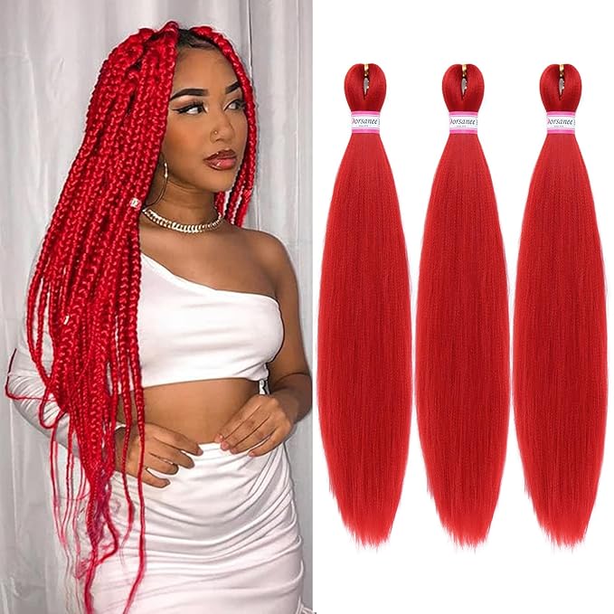 Dorsanee Red Braiding Hair Pre Stretched 20 Inch 3 Packs Professional Easy Braiding Hair for Crochet Braids Twists Locs Hair Soft Yaki Texture Hot Water Setting Synthetic Hair Extensions