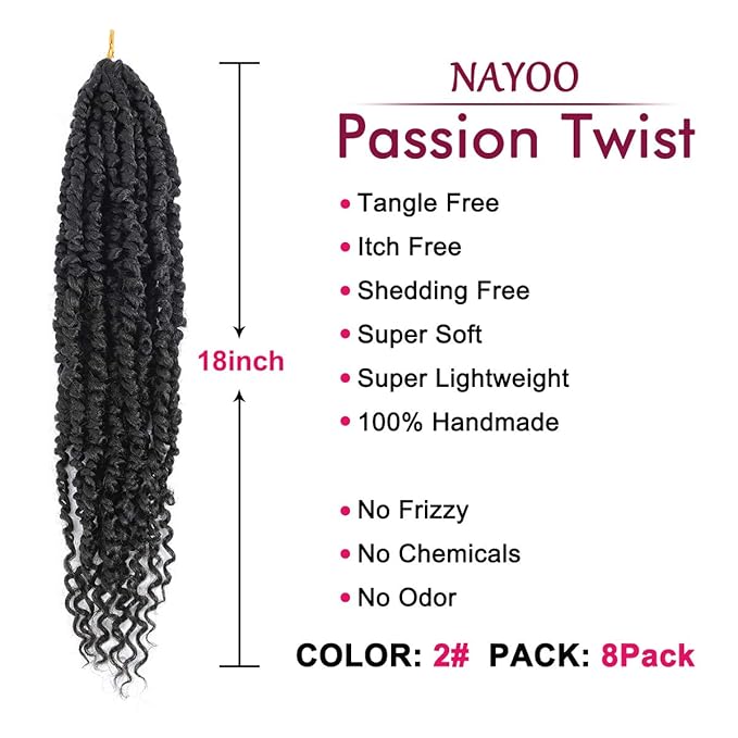 Passion Twist Hair - 8 Packs 18 Inch Passion Twist Crochet Hair For Women, Crochet Pretwisted Curly Hair Passion Twists Synthetic Braiding Hair Extensions (18 Inch 8 Packs, #2)