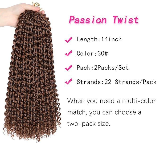 14 Inch Passion Twist Hair, Brown Water Wave Crochet Hair 22 Strands/Pack Passion Twist Crochet Hair For Women Short Passion Twists Braiding Hair Curly Braiding Hair (14 Inch (Pack of 2), #30)