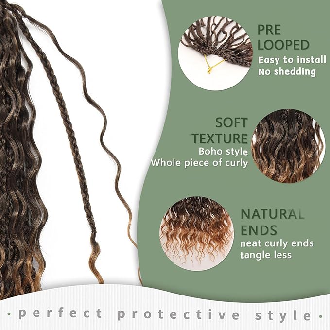 14 Inch Boho Crochet Braids 7Packs Goddess Box Braids Crochet Hair for Women Pre Looped Bohemian Hippie Braiding Hair Extensions, 1B/27