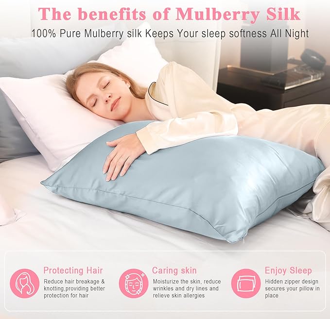 100% Pure Silk Pillowcase 2 Pack for Hair and Skin, Both Sides 23 Momme Grade 6A+ Mulberry Silk Pillowcases with Hidden Zipper, Soft&Smooth Cooling Pillow Cases (Ash Blue, Standard 20x26)