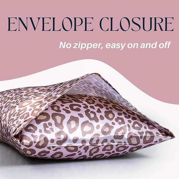 Satin Pillowcase for Hair and Skin, Soft and Cooling Similar to Silk Pillow Cases 2 Pack with Envelope Closure Standard Size Satin Pillow Covers, Gift for Women(20"x26", Leopard, Pink)