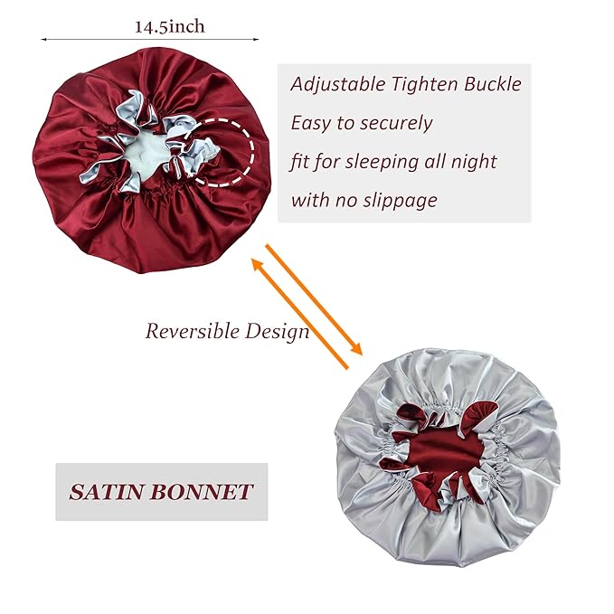 Silk Bonnet for Sleeping Satin Bonnets Double Layer Reversible Hair Cap Bonnet for Women Long Curly Braid Hair (Crimson)