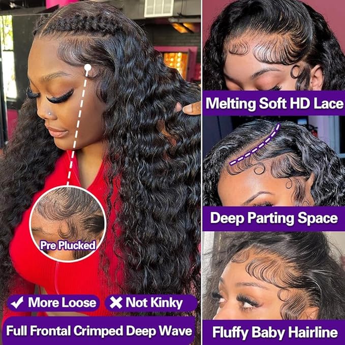 28Inch 13X6 Lace Front Wigs Human Hair 200% Density Deep Wave HD Transparent Lace Front Wigs Human Hair Pre Plucked Glueless Wigs Deep Curly Human Hair for Women With Baby Hair