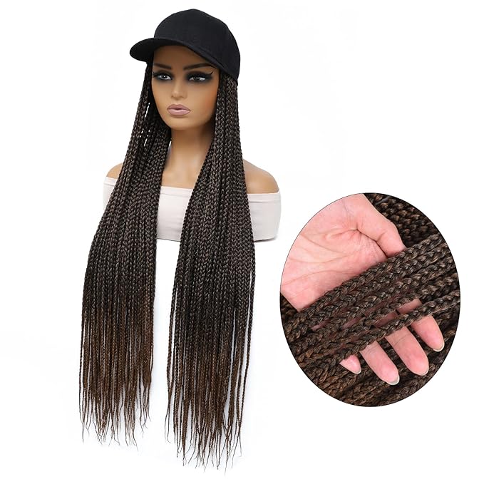 Braided Baseball Cap Wig Box Braid Hair Extensions with Hat Ombre black dark brown Cap Wig with 30inch Long Synthetic Braiding Hair for Women (30in-T30)