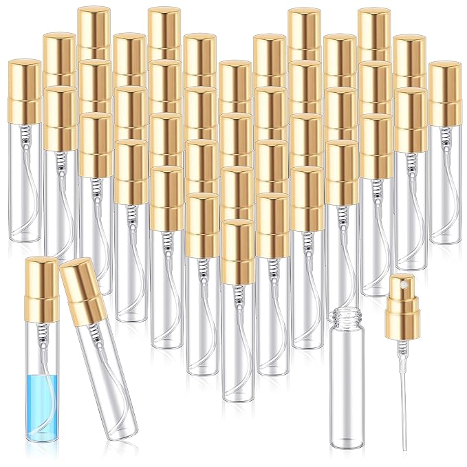 Zhehao 200 Pcs Mini Spray Bottles 5 ml Clear Glass Perfume Bottles Refillable Fine Mist Perfume Atomizer Portable Empty Sample Containers for Cleaning, Essential Oils, Travel (Gold Cap)