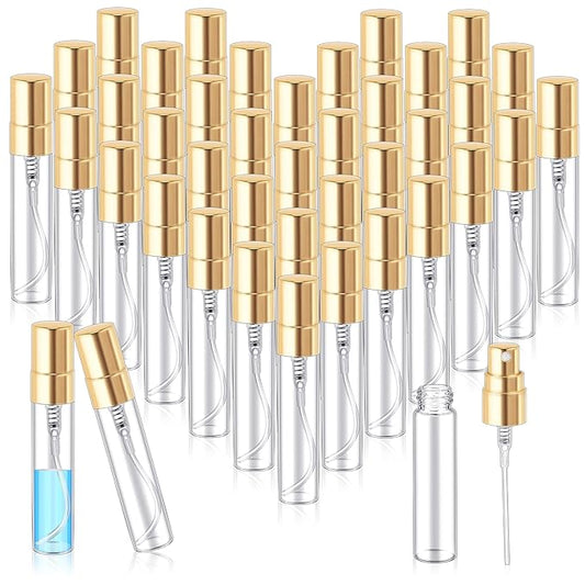 Zhehao 200 Pcs Mini Spray Bottles 5 ml Clear Glass Perfume Bottles Refillable Fine Mist Perfume Atomizer Portable Empty Sample Containers for Cleaning, Essential Oils, Travel (Gold Cap)