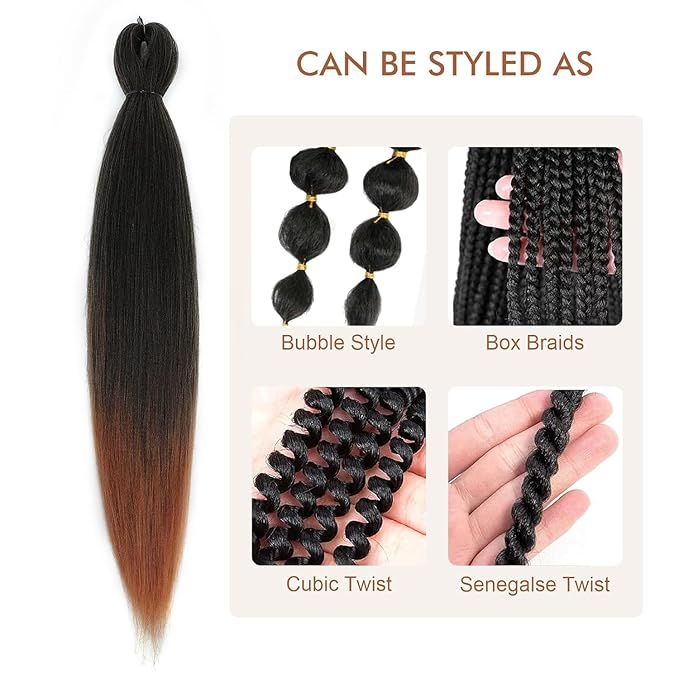 Pre-stretched Braiding Hair - 26 Inch 8 Packs Ombre Brown Braiding Hair For Twist or Box Braids, Yaki Texture Hot Water Setting Synthetic Long Braiding Hair Extensions (26 Inch, T30-8P)