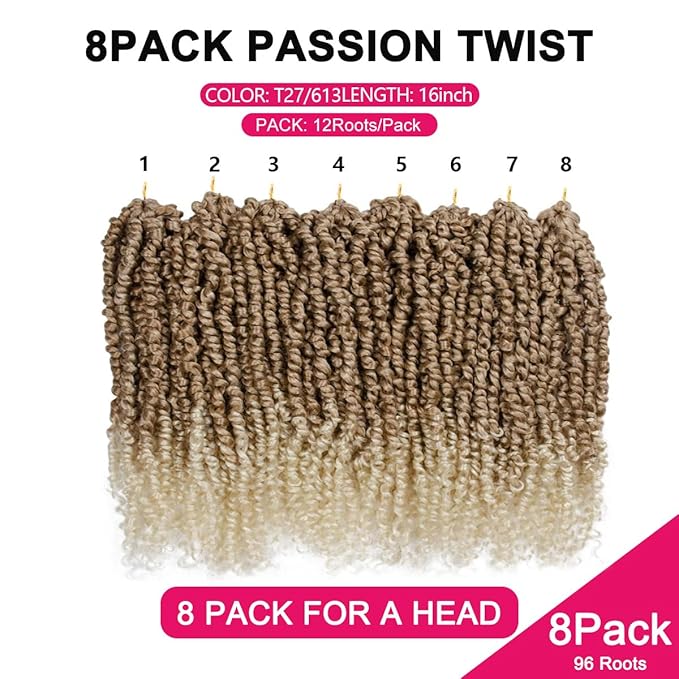 NAYOO Passion Twist Hair - 8 Packs 16 Inch Passion Twist Crochet Hair For Women, Crochet Pretwisted Curly Hair Passion Twists Synthetic Braiding Hair Extensions (16 Inch 8 Packs, T27/613)