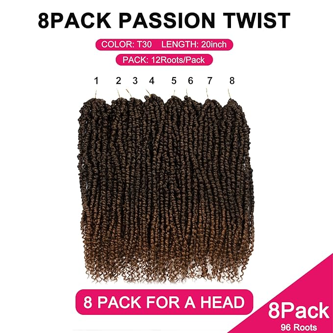 Passion Twist Hair - 8 Packs 20 Inch Passion Twist Crochet Hair For Women, Crochet Pretwisted Curly Hair Passion Twists Synthetic Braiding Hair Extensions (20 Inch 8 Packs, T30)