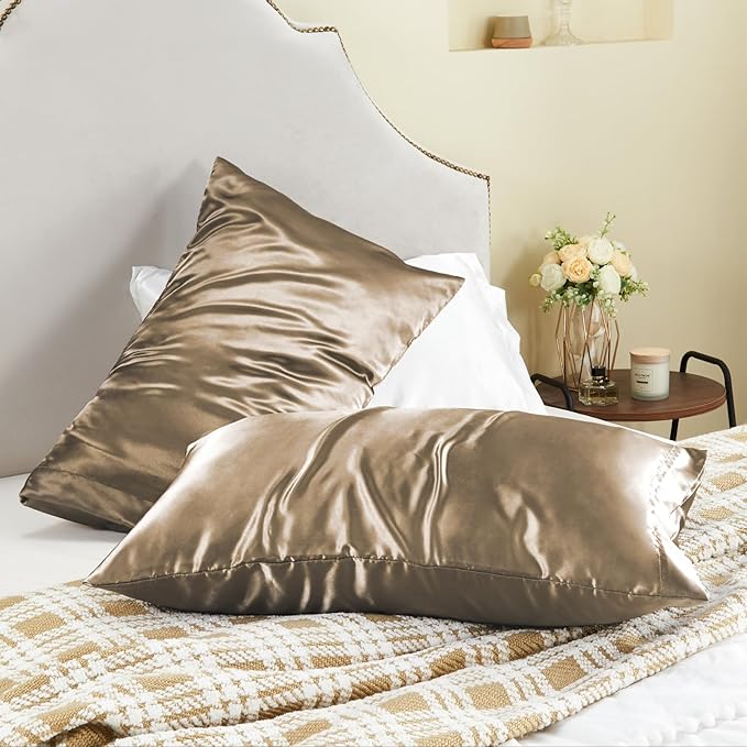 BEDELITE Satin Pillowcase for Hair and Skin, Super Soft and Cooling Similar to Silk Pillow Cases 2 Pack with Envelope Closure, Gift for Women Men(20"x36" King Size, Tawny Brown)