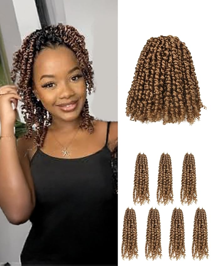 10 Inches 7 Packs Pre Looped Pretwisted Passion Twist Crochet Hair for Black Women and Kids-Natural Blonde,Soft Hair Extensions Braided by Synthetic Spring Kinky Twist Bohemian Curl(10"-7 Packs,27#)