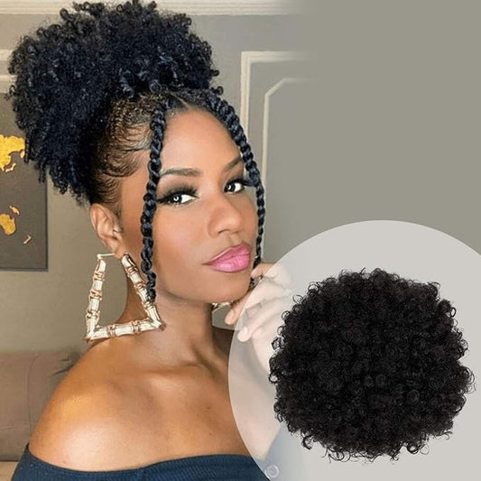 GLAM21USA Afro Puff Drawstring Ponytail Retro Kinky Curly Ponytail Wig Clip in Bun Hair Piece for Black Women Synthetic Hair Extension (SMALL, 1 (Black))