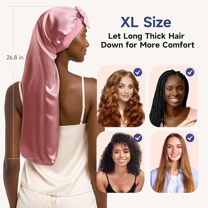 Umisleep Silk Bonnet for Sleeping Women, 22 Momme Mulberry Real Silk, Long Hair Bonnet for Braids & Curls to Reduce Frizz, Double Layer Hair Wrap with Soft Adjustable Tie Band, Pink