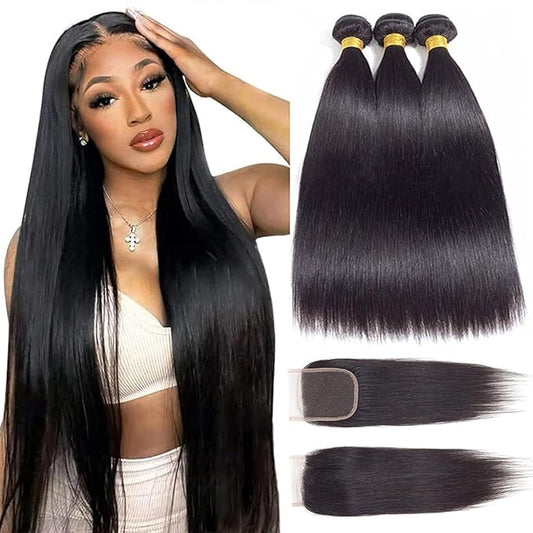 Brazilian Straight Hair 3 Bundles with 4x4 Lace Closure Free Part Double Weft 100% Unprocessed Virgin Remy Straight Human Hair Bundles with Closure for Black Women (24 26 28+22'' Closure)