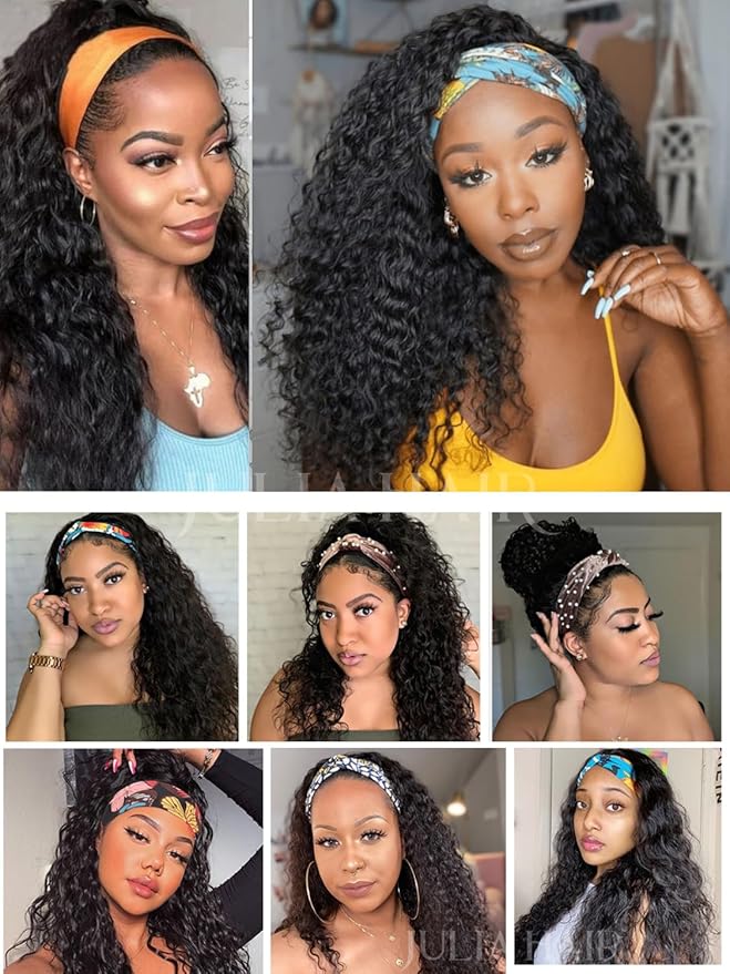 Julia Hair 12A Headband Human Hair Wigs Water Wave None Lace Front Glueless Wig With Pre-attached Scarf for Black Women Curly Deep Wave Put and Go Wig Natural Beginner-Friendly 16 Inch