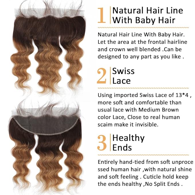 2 Tone Ombre Body Wave Hair 3 Bundles with Frontal 13x4 Ear to Ear Lace Frontal 100% Unprocessed Brazilian Remy Virgin Human Hair Extensions T4/30 Medium Brown/Medium Auburn(12 14 16+12)
