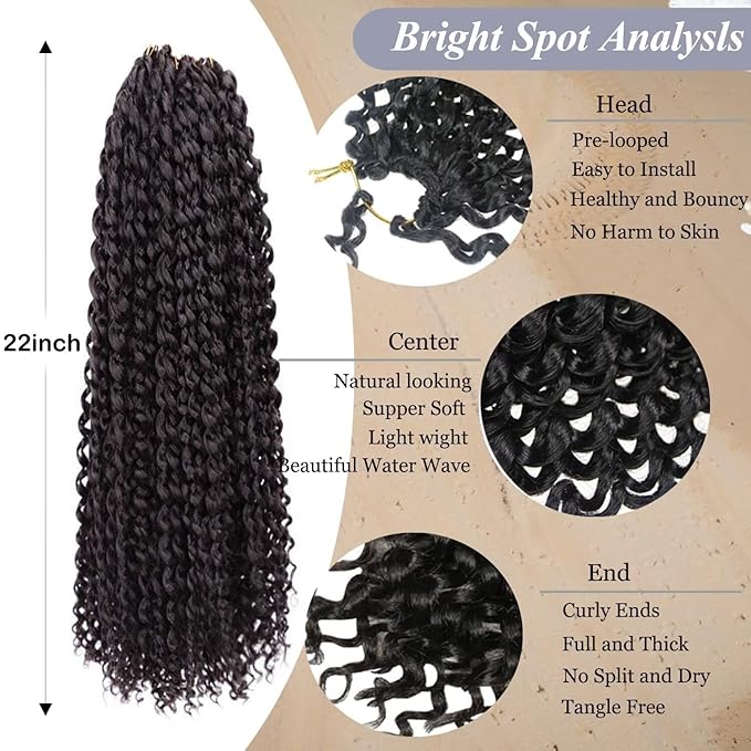 22inch Water Wave Crochet Hair - 7 Packs Passion Twists Hair for Black Women,Long Bohemian Curly Braiding Hair for Butterfly Locs,Faux Locs,Boho Style Crochet Braids Hair Extensions(1B#)