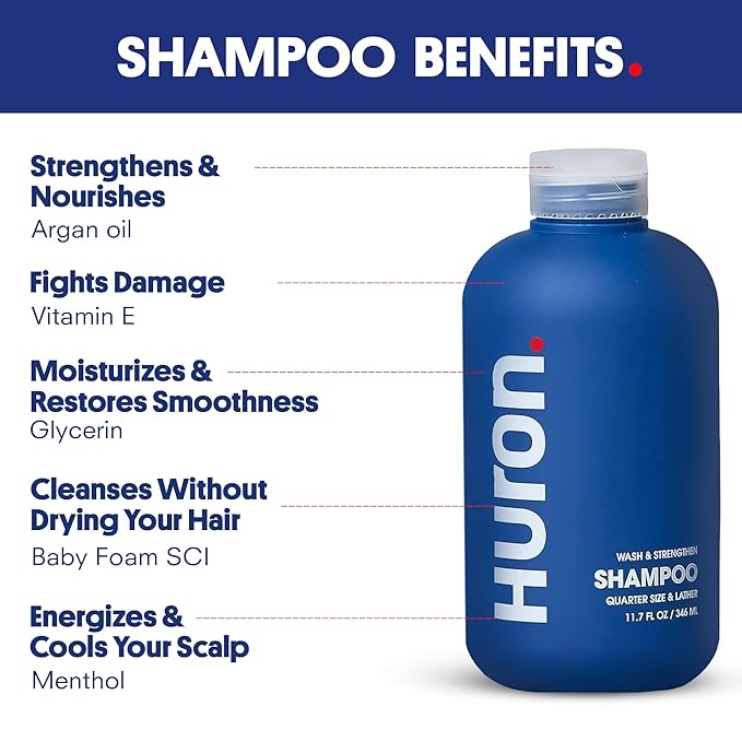 Huron Clean Citrus Woods Men's Shampoo – Strengthening, Hydrating & Nourishing – Sulfate-Free, Vegan & Cruelty-Free – 12 oz – Invigorating Citrus & Mint Scent