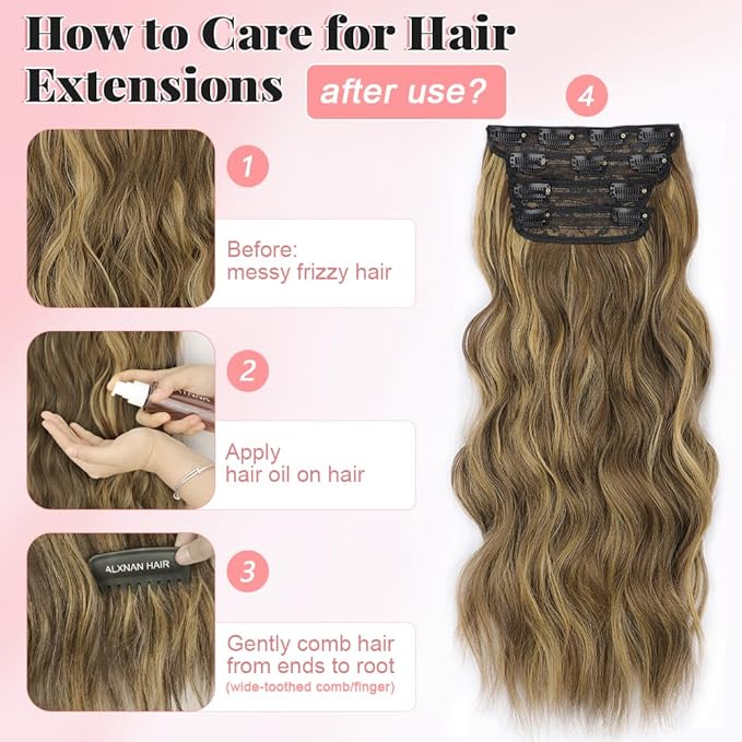ALXNAN Clip in Long Wavy Synthetic Hair Extension 20 Inch Brown with Highlights 4PCS Thick Hairpieces Fiber Double Weft Hair for Women