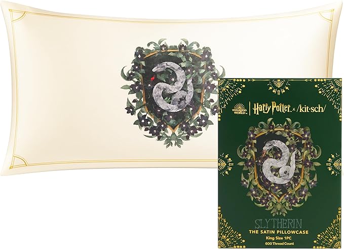 Kitsch x Harry Potter Slytherin Satin Pillowcase with Zipper – Double-Sided Crest Design – Better Than Silk Pillowcase – Perfect for Kids Rooms & Toddler Bed Time Pillow Case – King Size 19x36