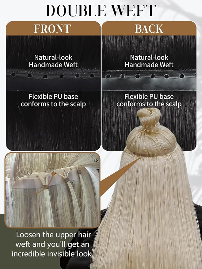 LOXXY Double Weft PU OVO Human Hair Extensions - 16 Inch 100g Seamless Natural Black - Bead in Butterfly Hair Weft- Invisible Straight Bead in Hair Extensions, Twin Tab Weft Width 31.5"