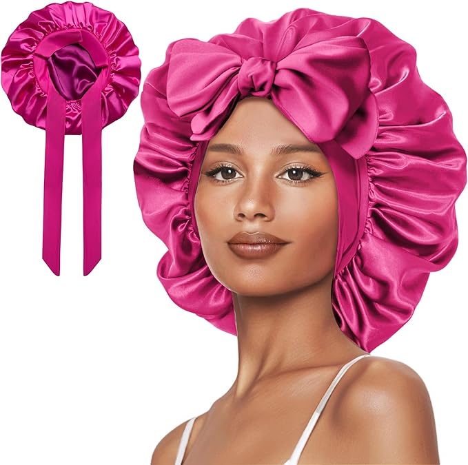 Double Layer Silk Bonnet with Tie Satin Lined Sleep Cap Hair Cover for Women's Curly Natural Hair