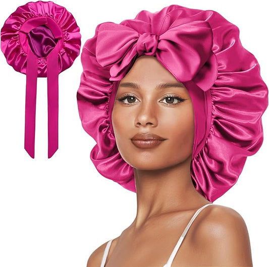 Double Layer Silk Bonnet with Tie Satin Lined Sleep Cap Hair Cover for Women's Curly Natural Hair