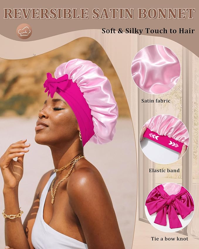 Reversible Satin Bonnet for Sleeping Women Double Layer Hair Bonnet with 2PCS Hair Scrunchies Elastic Tie Band Night Cap