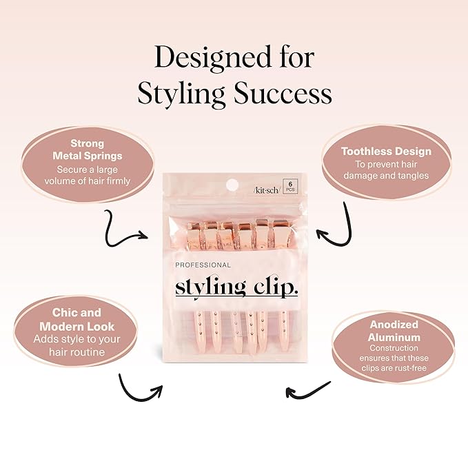 Kitsch Professional Alligator Clips for Hair Styling – 3.5" Aluminum Hair Sectioning Clips for Salon & Makeup Application | Ideal Gifts for Women – Rose Gold, 6 Pcs