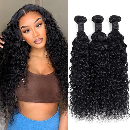24 24 26 Inch Water Wave Human Hair Bundles Brazilian Virgin Human Hair Bundles 12A Deep Water Wave Bundles 100% Real Human Hair Extensions Natural Black