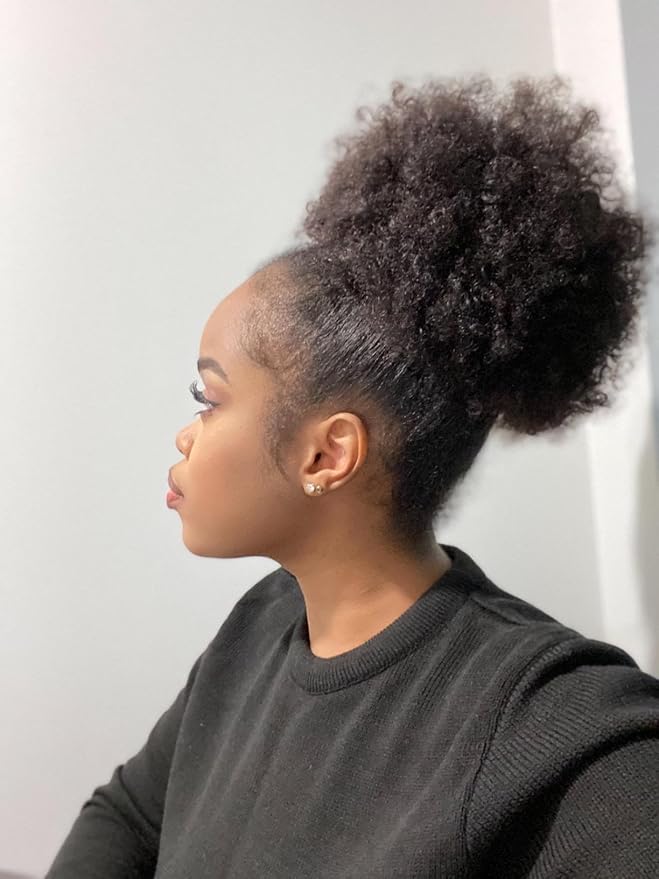 Afro Puffs Large Human Hair Buns Natural Drawstring Ponytail Extensions Updo Chignon 8 Inch Natural Black for Black Women Girls