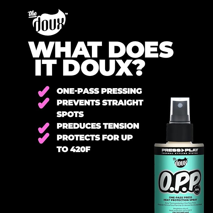 The Doux O.P.P. ONE‑PASS PRESS Heat Protection Spray for Hair – Thermal Protector with Jojoba Oil, Aloe & Pineapple – Anti‑Frizz Straightening Spray for Curly Hair & Silk Press Styles, 4 oz