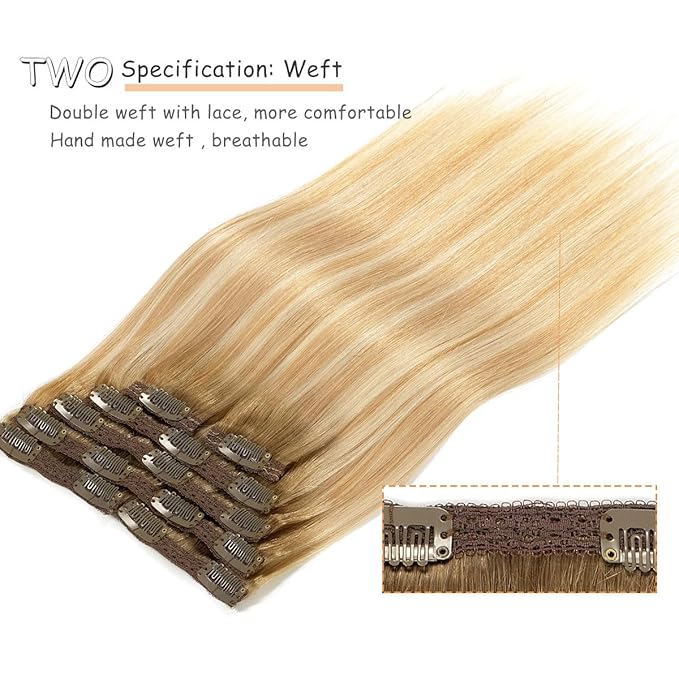Caliee Hair Extensions Clip in Human Hair 16 Inch Invisible Double Weft Lace Clip in Hair Extenisons for Full Head 120 G Balayage Light Brown to Light Golden Blonde Mixed Platinum Blonde Straight Hair
