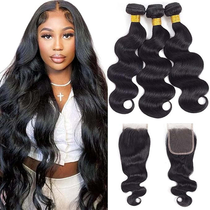 12A Body Wave Bundles with Closure Human Hair (16 18 20+14") 100% Unprocessed Brazilian Virgin Body Wave Human Hair Bundles with 4x4 Free Part Lace Closure Natural Color