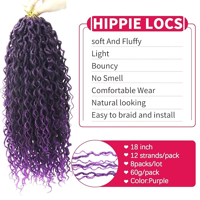 8Packs Goddess Locs Crochet Hair 18Inch Boho Faux Locs,Crochet Loc With Curly Ends River Hippie Bohemian Loc Crochet Hair for Black Women(1B/Purple, 18inch(Pack of 8))