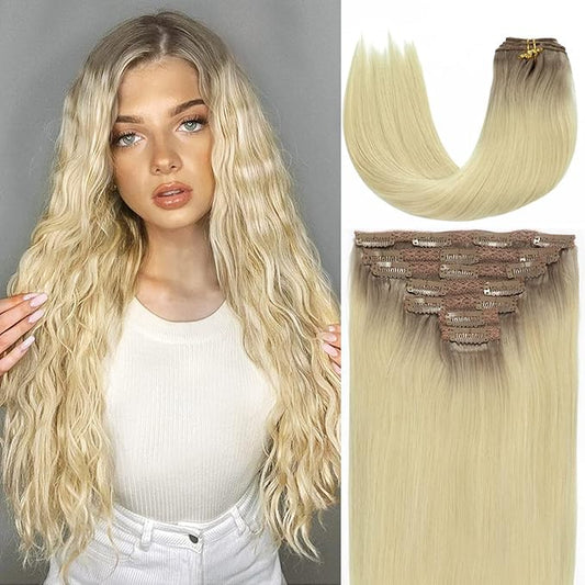 Caliee 14 Inch Human Hair Extensions Clip in R20/60A Ombre Sunkissed Blonde Roots to Platinum Blonde Clip in Hair Extensions Remy Hair Full Head Silky Straight Natural Hair Extensions 120G 7PCS