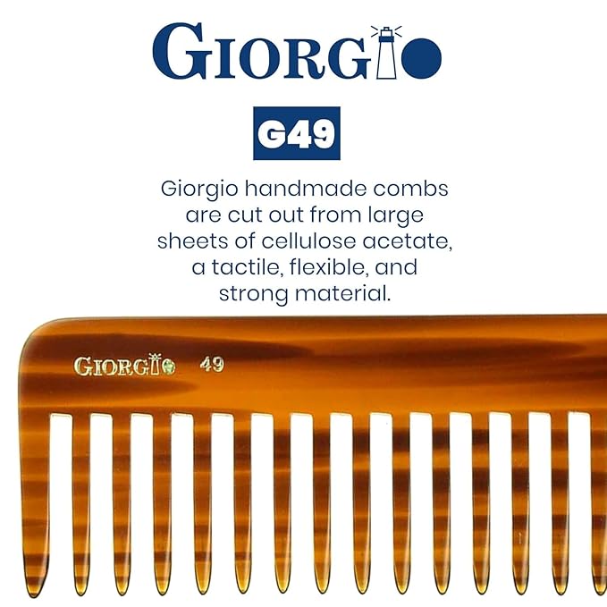 Giorgio G49 Large Hair Detangling Comb, Wide Teeth for Thick Curly Wavy Hair. Long Hairs Detangler Comb For Wet and Dry. Handmade of Quality Cellulose, Saw-Cut, Hand Polished, Tortoise Shell