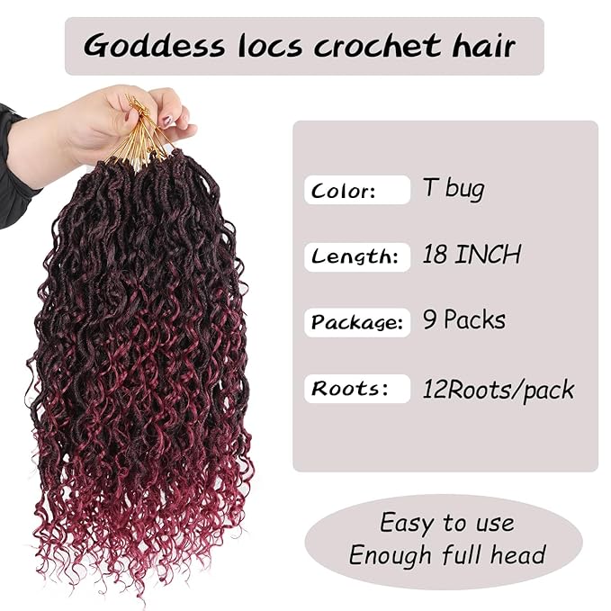 Goddess Locs Crochet Hair 18 Inch 9 Packs Synthetic Faux Locs Crochet Hair for Black Women, River Locs Hair Extensions Style Pre looped Crochet Locs with Curly Ends