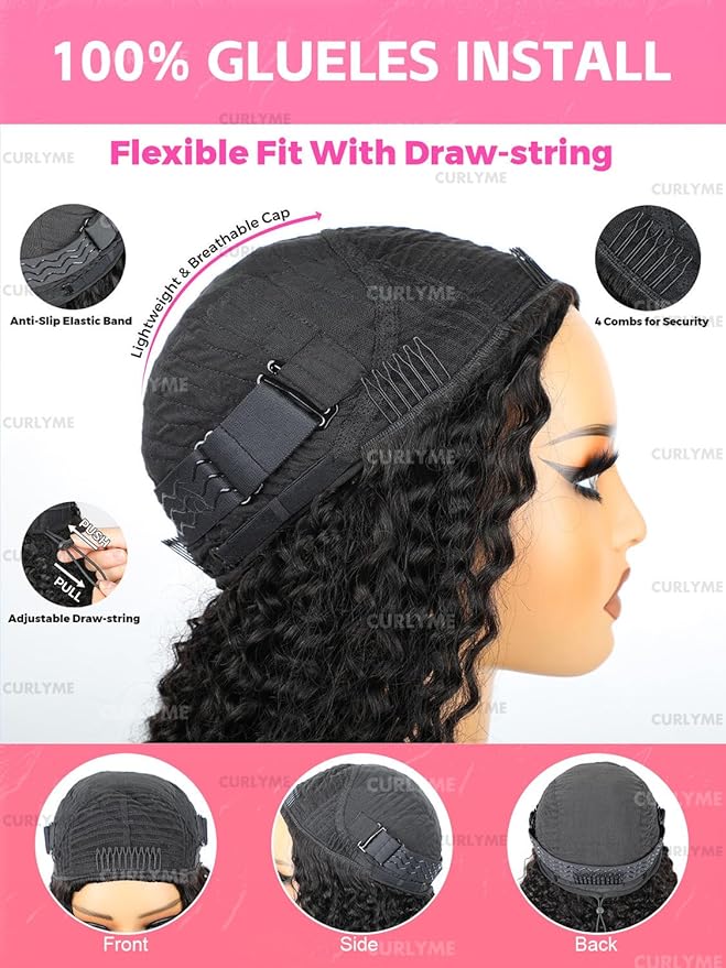Curlyme Kinky Curly Half Wig Human Hair 3 In 1 Seamless Flip Over Half Wigs Human Hair Glueless Wear and Go Beginner Friendly Kinky Curly Wig Human Hair Drawstring Headband Wig for Women 24 Inch