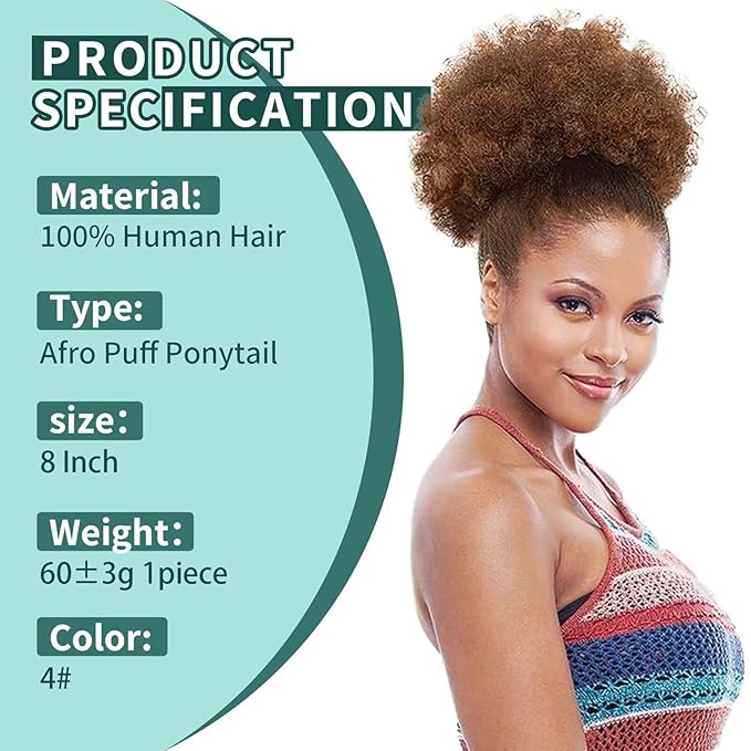 Afro Puff Clip On Human hair Drawstring Ponytail for Black Women,Short Afro Kinkys Curly Afro Bun Extension Hairpiece Ponytail Extension 8 Inch #4 Medium Brown 60g