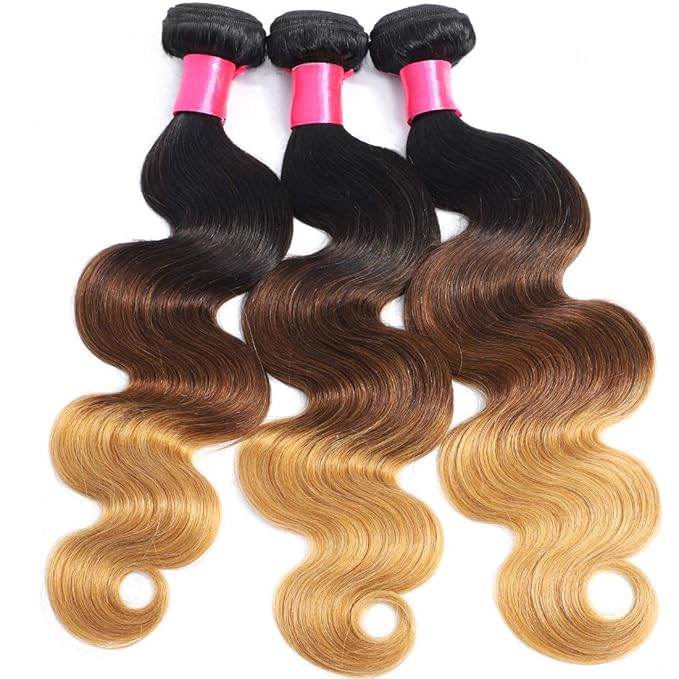 Ombre Human Hair Bundles 1b/4/27 Three Tone Brazilian Ombre Body Wave 3 Bundles 12 14 16inch 100% Unprocessed Virgin Human Hair Bundles Weaves Extensions for Women